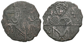 BYZANTINE Constantine V Copronymus, with Leo IV and Leo III (AD 741-775). Constantinople AE Follis . Obv: Crowned and draped facing busts of Constanti...