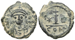 Byzantine coins Maurice Tiberius (582-602) AE Decanummium (Bronze) Constantinople, 4th officina. Obv: blundered legend - Helmeted, draped, and cuirass...