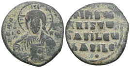 Byzantine Basil II and Constantine VIII (976-1028) Class A2 anonymous AE follis (Bronze) Constantinople Obv: +EMMANOVHA legend around with IC-XC acros...