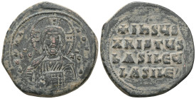 Byzantine Basil II and Constantine VIII (976-1028) Class A2 anonymous AE follis (Bronze) Constantinople Obv: +EMMANOVHA legend around with IC-XC acros...