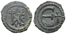 Byzantine
Justin II (565 - 578 AD).
Pentanummion (bronze). Constantinopolis.
Obverse: monogram of Justin and Sophia.
Reverse: value mark E; delta in t...