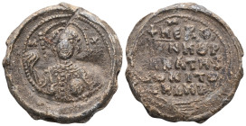 Obv.: Facial bust of archangel Michael, nimbate, winged, holding sceptre and cruciger "mappa mundi", sigla in the fields, M-X = Μ(ι)χ(αὴλ) (Michael), ...