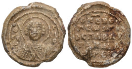 Obv.: Facial bust of saint martyr George, nimbate, in military garments, holding spear in his right hand and shield in his left, sigla in the fields, ...