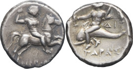 GRÈCE ANTIQUE - GREEK
Calabre, Tarente. Statère ND (272-240 av. J.-C.), Tarente.
HGC.1, 893 - HN Italy 1040 ; Argent - 6,40 g - 20 mm - 9 h
Hippodan[....