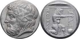 GRÈCE ANTIQUE - GREEK
Reproduction d’un tétradrachme de Thasos, par Becker [ND (400-340 av. J.-C.)], frappe moderne (avant 1914), Berlin (Bode-Museum)...