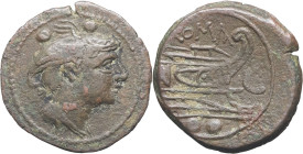 RÉPUBLIQUE ROMAINE - ROMAN REPUBLIC
Anonymes. Sextans ND (211-208 av. J.-C.), Sardaigne.
RRC.63/6 ; Bronze - 4,63 g - 19,5 mm - 10 h
TB à TTB.