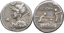 RÉPUBLIQUE ROMAINE - ROMAN REPUBLIC
P. Licinius Nerva. Denier ND (113-112 av. J.-C.), Rome.
RRC.292/1 ; Argent - 3,87 g - 16,5 mm - 8 h
Jolie patine g...