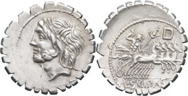 RÉPUBLIQUE ROMAINE - ROMAN REPUBLIC
Lucius Cornelius Scipio Asiaticus. Denier serratus ND (106 av. J.-C.), Rome.
RRC.311/1d ; Argent - 3,75 g - 19,5 m...