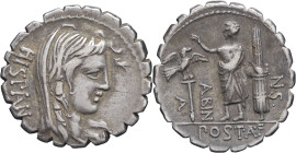 RÉPUBLIQUE ROMAINE - ROMAN REPUBLIC
A. Postumius A.f. S.n. Albinus. Denier serratus ND (81 av. J.-C.), Rome.
RRC.372/2 ; Argent - 3,84 g - 19 mm - 4 h...