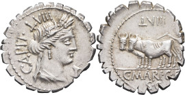 RÉPUBLIQUE ROMAINE - ROMAN REPUBLIC
C. Marius C.f. Capito. Denier serratus ND (81 av. J.-C.), Rome.
RRC.378/1c ; Argent - 3,98 g - 19,5 mm - 5 h
De be...