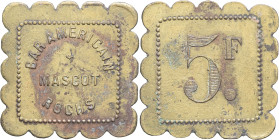 ALGÉRIE - ALGERIA
IIIe République (1870-1940). Monnaie de nécessité, Bar américain Mascot-Rochs à Alger, 5 francs ND.
Élie 145.3 - Lec.- ; Laiton - 4,...