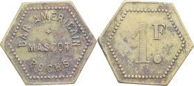 ALGÉRIE - ALGERIA
IIIe République (1870-1940). Monnaie de nécessité, Bar américain Mascot-Rochs à Alger, 1 franc ND.
Élie 145.1 - Lec.- ; Laiton - 3,2...
