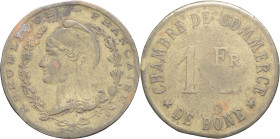 ALGÉRIE - ALGERIA
IIIe République (1870-1940). Monnaie de nécessité, Chambre de commerce de Bône, 1 franc ND.
Élie 15.3 - Lec.219 ; Laiton - 3,59 g - ...