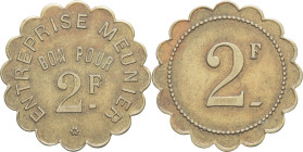 ALGÉRIE - ALGERIA
IIIe République (1870-1940). Monnaie de nécessité, Entreprise Meunier à Constantine, 2 francs ND.
Élie - - Lec.- ; Laiton - 4,32 g -...