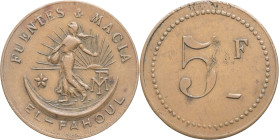ALGÉRIE - ALGERIA
IIIe République (1870-1940). Monnaie de nécessité, Fuentes & Macia à El-Fahoul, 5 francs ND.
Élie.10.8 - Lec.333 ; Cuivre - 3,81 g -...