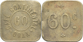 ALGÉRIE - ALGERIA
IIIe République (1870-1940). Monnaie de nécessité, Café continental à Oran, 60 centimes ND.
Élie - - Lec.- ; Laiton - 4,50 g - 25,5 ...
