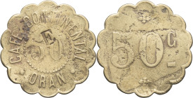 ALGÉRIE - ALGERIA
IIIe République (1870-1940). Monnaie de nécessité, Café continental à Oran, 50 centimes ND.
Élie 35.3 - Lec.321 ; Laiton - 3,10 g - ...