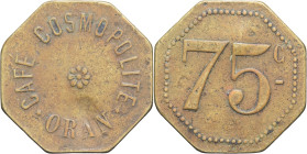 ALGÉRIE - ALGERIA
IIIe République (1870-1940). Monnaie de nécessité, Café cosmopolite à Oran, 75 centimes ND.
Élie 40.1 - Lec.321b ; Laiton - 3,55 g -...