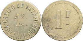 ALGÉRIE - ALGERIA
IIIe République (1870-1940). Monnaie de nécessité, Casino de Létang à Oran, 1 franc ND.
Lec.- ; Laiton - 4,65 g - 27 mm - 12 h
Exemp...