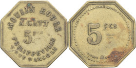 ALGÉRIE - ALGERIA
IIIe République (1870-1940). Monnaie de nécessité, Moulin Rouge A. Gatt à Philippeville, 5 francs ND, Paris (Cartaux).
Élie 30.1 - L...