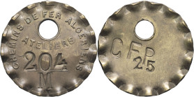 ALGÉRIE - ALGERIA
IIIe République (1870-1940). Jeton, Ateliers des Chemins de fer algériens ND.
Laiton - 8,48 g - 31 mm - 12 h
N° 204, contremarqué 25...