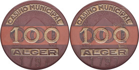 ALGÉRIE - ALGERIA
IIIe République (1870-1940). Jeton, Casino municipal d’Alger, 100 francs ND.
Lec.- ; Plastique - 6,29 g - 44 mm - 12 h
Numéroté 1797...