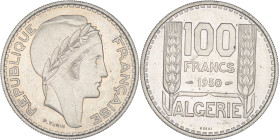 ALGÉRIE - ALGERIA
IVe République (1947-1958). Essai de 100 francs 1950, Paris.
Lec.54 ; Cupro-nickel - 11,84 g - 30 mm - 6 h
Superbe.