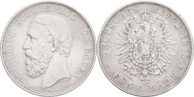 ALLEMAGNE - GERMANY
Bade, Frédéric I (1856-1907). 5 (fünf) mark 1875, G, Karlsruhe.
AKS.150 ; Argent - 27,50 g - 38 mm - 12 h
TB.