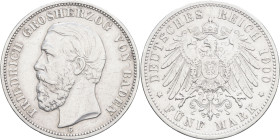 ALLEMAGNE - GERMANY
Bade, Frédéric I (1856-1907). 5 (fünf) mark 1900, G, Karlsruhe.
AKS.151 ; Argent - 27,57 g - 38 mm - 12 h
Exemplaire nettoyé aux s...