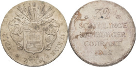 ALLEMAGNE - GERMANY
Hambourg (ville impériale de). 32 schilling 1808.
AKS.12 - J.38 - KM.238 ; Argent - 18,33 g - 37 mm - 12 h
Superbe.