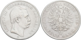 ALLEMAGNE - GERMANY
Hesse-Darmstadt, Louis III (1848-1877). 5 (fünf) mark 1876, H, Darmstadt.
AKS.142 ; Argent - 27,15 g - 38 mm - 12 h
Exemplaire net...