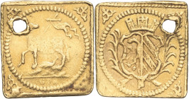 ALLEMAGNE - GERMANY
Nuremberg (ville de). 1/4 ducat klippe ND (c. 1700) GFN, Nuremberg.
Fr.1892 ; Or - 0,83 g - 11 mm - 12 h
Une perforation. TB.