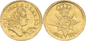 ALLEMAGNE - GERMANY
Prusse, Frédéric-Guillaume Ier (1713-1740). 1/4 ducat 1714 HFH, Magdebourg.
KM.132 - Fr.2347 ; Or - 0,86 g - 13 mm - 11 h
TTB.