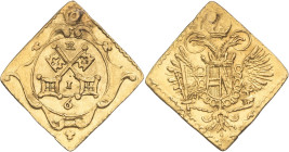 ALLEMAGNE - GERMANY
Ratisbonne (ville libre de). 1/6 ducat klippe ND (fin du 18e s.), Ratisbonne.
Fr. cf. 2542a ; Or - 0,55 g - 14,5 mm - 12 h
Un trou...