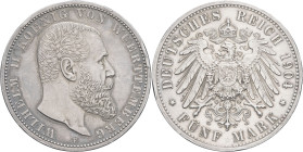 ALLEMAGNE - GERMANY
Wurtemberg, Guillaume II (1891-1918). 5 (fünf) mark 1904, F, Stuttgart.
AKS.143 ; Argent - 27,71 g - 38 mm - 12 h
Présence de hair...