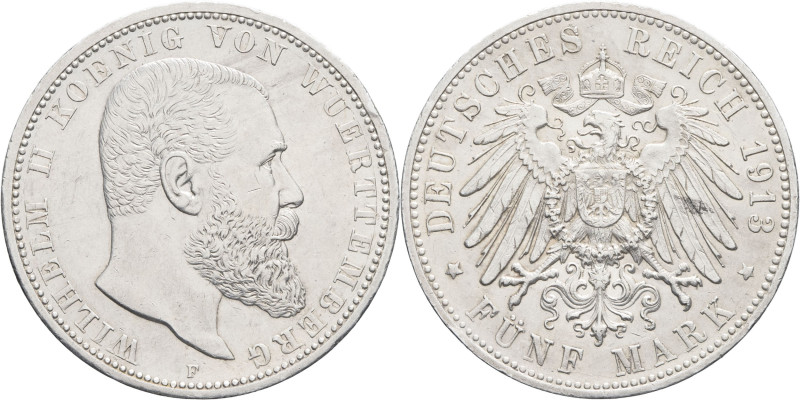 ALLEMAGNE - GERMANY
Wurtemberg, Guillaume II (1891-1918). 5 (fünf) mark 1913, F,...