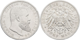 ALLEMAGNE - GERMANY
Wurtemberg, Guillaume II (1891-1918). 5 (fünf) mark 1913, F, Stuttgart.
AKS.143 - KM.632 ; Argent - 27,73 g - 38 mm - 12 h
Quelque...