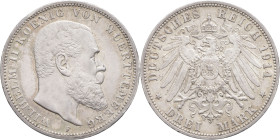 ALLEMAGNE - GERMANY
Wurtemberg, Guillaume II (1891-1918). 3 (drei) mark 1914, F, Stuttgart.
AKS.145 - KM.635 ; Argent - 16,66 g - 33 mm - 12 h
Superbe...