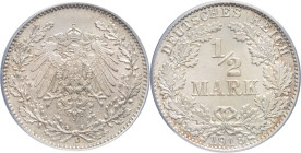 ALLEMAGNE - GERMANY
Empire allemand (1871-1918). 1/2 mark 1918, D, Munich.
AKS.6 - J.16 - KM.17 ; Argent - [2,78] g - 20 mm - 12 h
C’est le second plu...