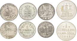 ALLEMAGNE - GERMANY
Lot. Lot de 4 monnaies 1836 à 1855.
Billon
TB à Superbe.
Francfort-sur-le-Main : 1 kreuzer - Hambourg : 1 schilling courant 1855 A...