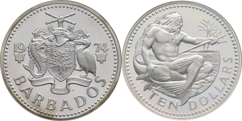 BARBADE - BARBADOS
République. 10 dollars, Neptune, Flan bruni (PROOF) 1974, FM,...