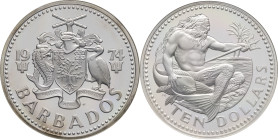 BARBADE - BARBADOS
République. 10 dollars, Neptune, Flan bruni (PROOF) 1974, FM, Franklin mint.
KM.17a ; Argent - [37,90] g - 42 mm - 12 h
C’est le se...