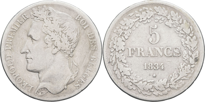 BELGIQUE - BELGIUM
Léopold Ier (1831-1865). 5 francs, tranche en creux 1834, Bru...