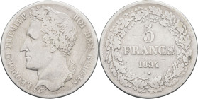 BELGIQUE - BELGIUM
Léopold Ier (1831-1865). 5 francs, tranche en creux 1834, Bruxelles.
M.5 ; Argent - 24,43 g - 37 mm - 6 h
Tranche position B. Nombr...