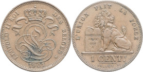 BELGIQUE - BELGIUM
Léopold II (1865-1909). 1 centime, texte en français 1901, Bruxelles.
M.230 - KM.33 ; Cuivre - 2,01 g - 16,5 mm - 6 h
Infime concré...