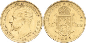 BULGARIE - BULGARIA Ferdinand Ier (1887-1918). 20 leva 1894, KB, Kremnitz. KM.20 - Fr.3 ; Or - 6,45 g - 21 mm - 6 h Infime nettoyage au revers. TTB. ...