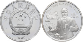 CHINE - CHINA
République populaire de Chine (depuis 1949). 10 yuan, Thomas Edison, Flan bruni (PROOF) 1990.
KM.305 ; Argent - [27,00] g - 38 mm - 12 h...