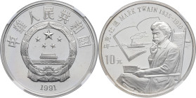 CHINE - CHINA
République populaire de Chine (depuis 1949). 10 yuan, Mark Twain, Flan bruni (PROOF) 1991.
KM.373 ; Argent - [27,00] g - 38 mm - 12 h
To...