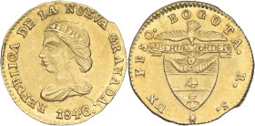 COLOMBIE - COLOMBIA
Nouvelle-Grenade (République de). Un peso 1846, Bogota.
KM.93 - Fr.77 ; Or - 1,68 g - 14,5 mm - 6 h
Défaut de flan à l’avers. Supe...