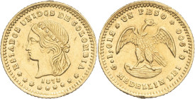 COLOMBIE - COLOMBIA
République. Un peso 1872, Medellin.
KM.157 - Fr.108 ; Or - 1,65 g - 14 mm - 6 h
D’infimes rayures. Superbe.